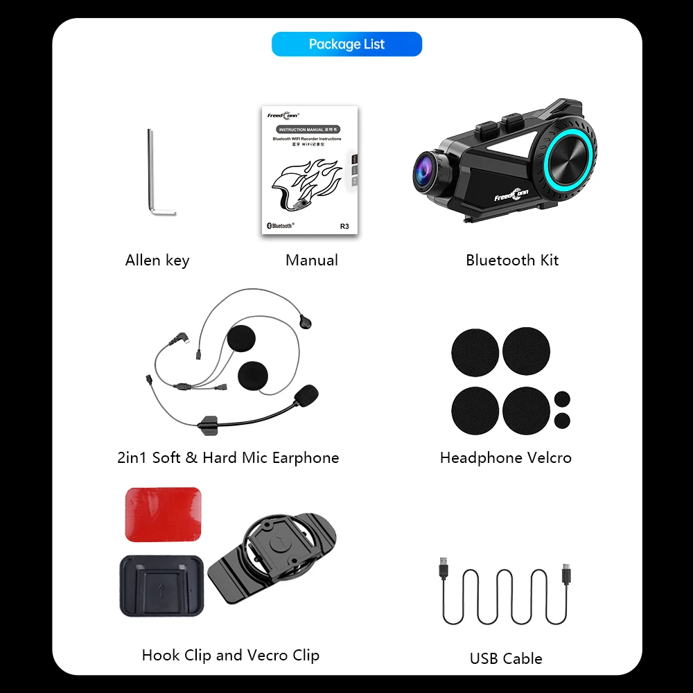 FreedConn R3 PRO Motorcycle Helmet Bluetooth Intercom with 2K Camera WiFi DVR Video Recorder for Group Riding view 5