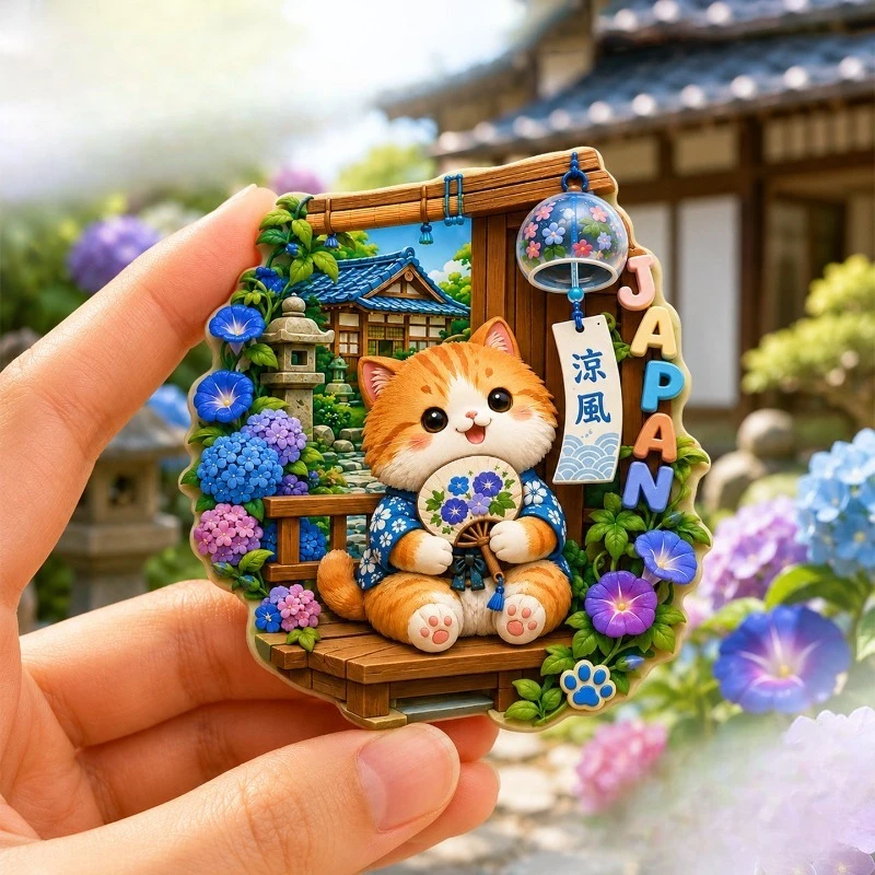 Japan Cat Wind Chime Fridge Magnet - Elegant 3D Summer Souvenir Unique Japanese Gift for Travel & Zen Decor