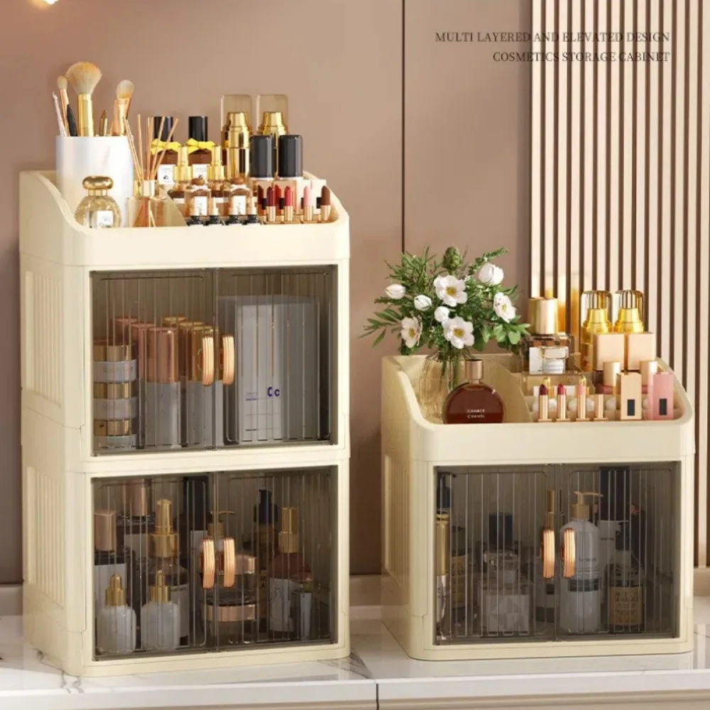 

Складная коробка для хранения косметики, пластиковая полка для хранения с двойной дверью, пыленепроницаемая многослойная полка для канцелярских принадлежностей, органайзер для косметики
