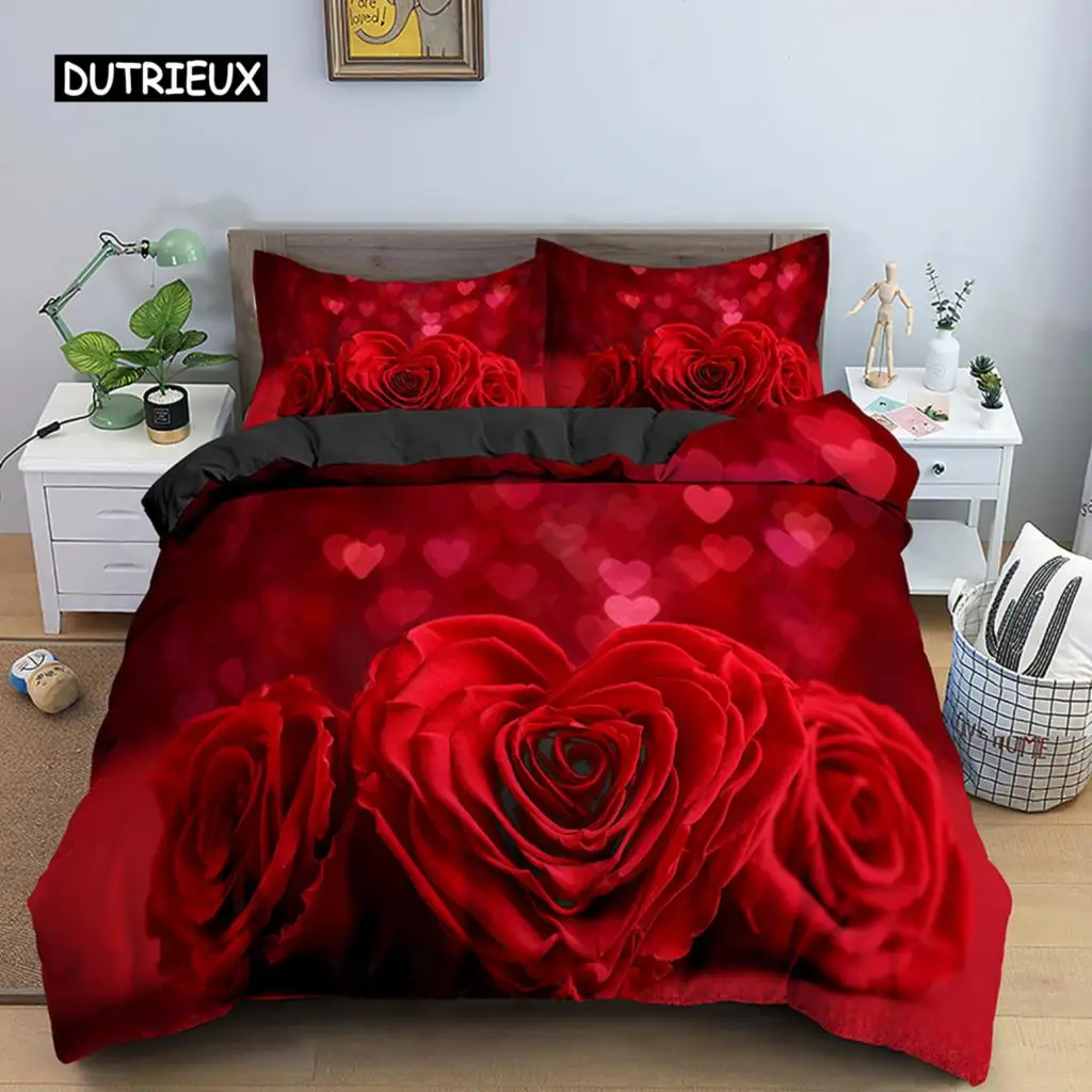 Valentine's Day Wedding Bedding Set 2/3 Pcs Luxurious Rose Love Heart Duvet Cover King Microfiber 3D Red Rose Print Quilt Cover