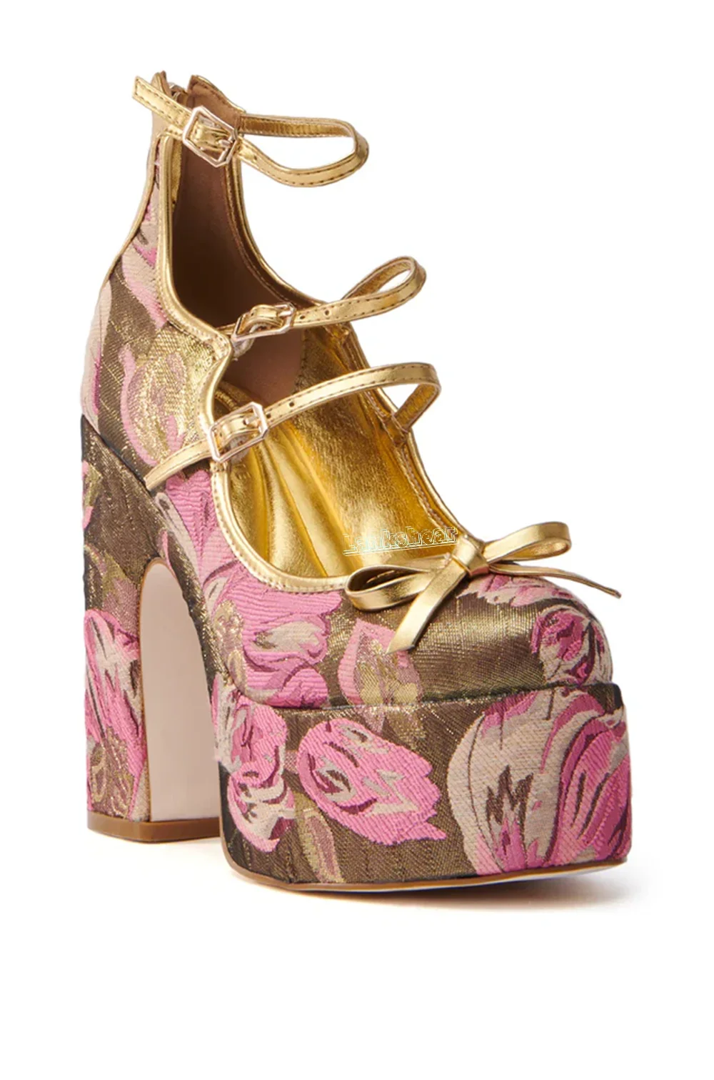 

Mary Jane Gold Brocade Pumps Back Zipper Printing Round Toe Platform Chunky High Heels Bow Summer Sexy Dress Shoes New