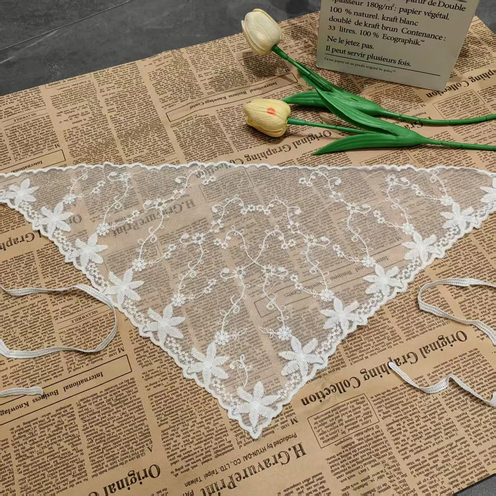 

Fashion Embroidered Lace Triangle Headscarf Hollow-out White Hair Bandana Pastoral Style Woven Floral Lace Skirt for Women Girls