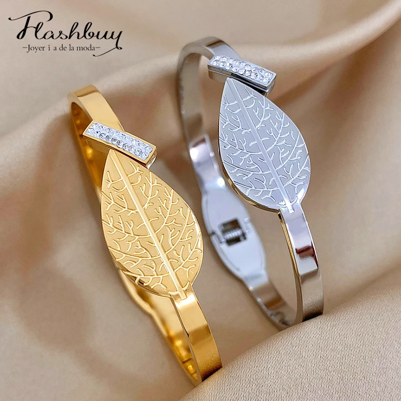 Flashbuy Vintage Titanium Steel Leaf Rhinestones Geometric Charm Bangles Bracelets for Women New Design Waterproof Fashion Gift