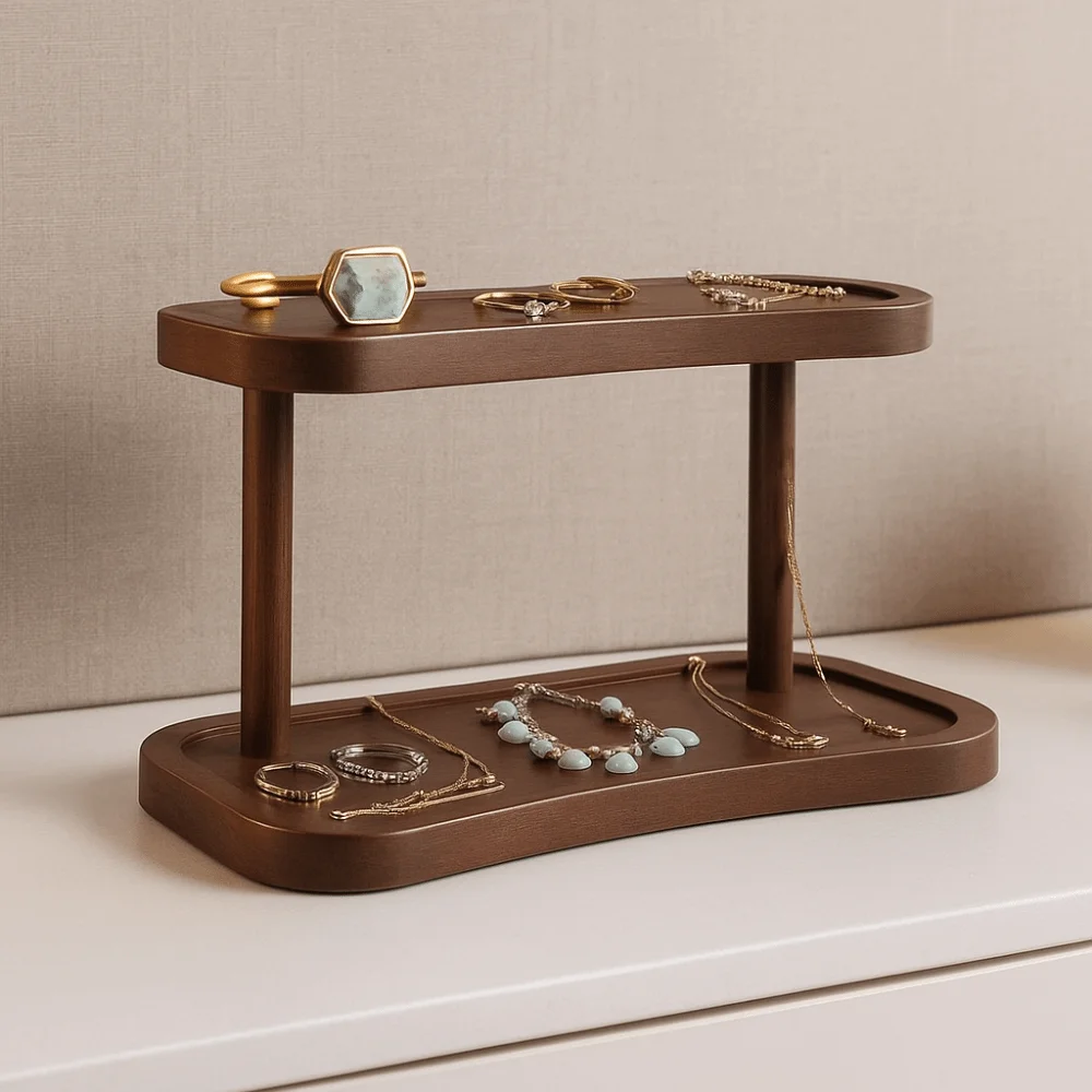 

Деревянная настольная подставка для хранения, минималистичная, прочная, с высокой нагрузочной способностью, двухъярусная, из массива дерева, для хранения чашек и баночек со специями