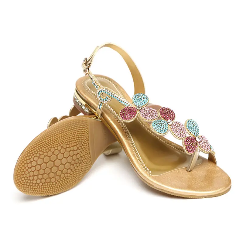 Jimitu Zomer Nieuwe Leren Dames Sandalen Strass Lage Hak Sandalen Platte Onderkant Clip Teen Dikke Hak Bloemen Luxe Sandalen Cadeau