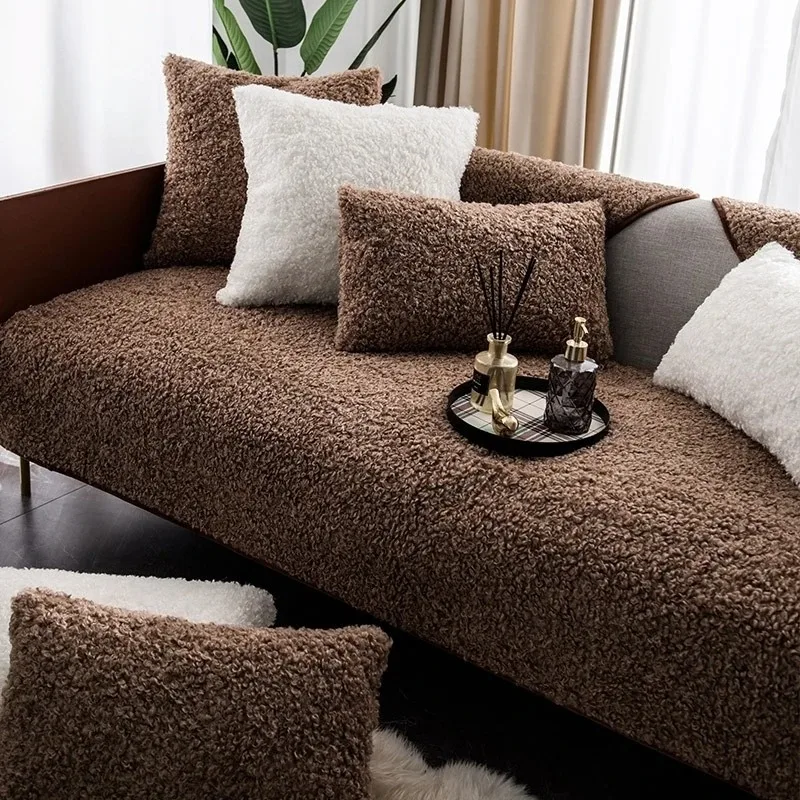 Thicken Soft Fluffy Curling Warm Sofa Cover, Anti-Slip Sofa Towel for Living Room Slipcover 1/2/3/4 Seater
