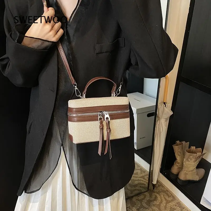 Canvas Patchwork PU Box Handbag Contrast Orange Trim Double Zipper Mini Top Handle Crossbody Shoulder Bag