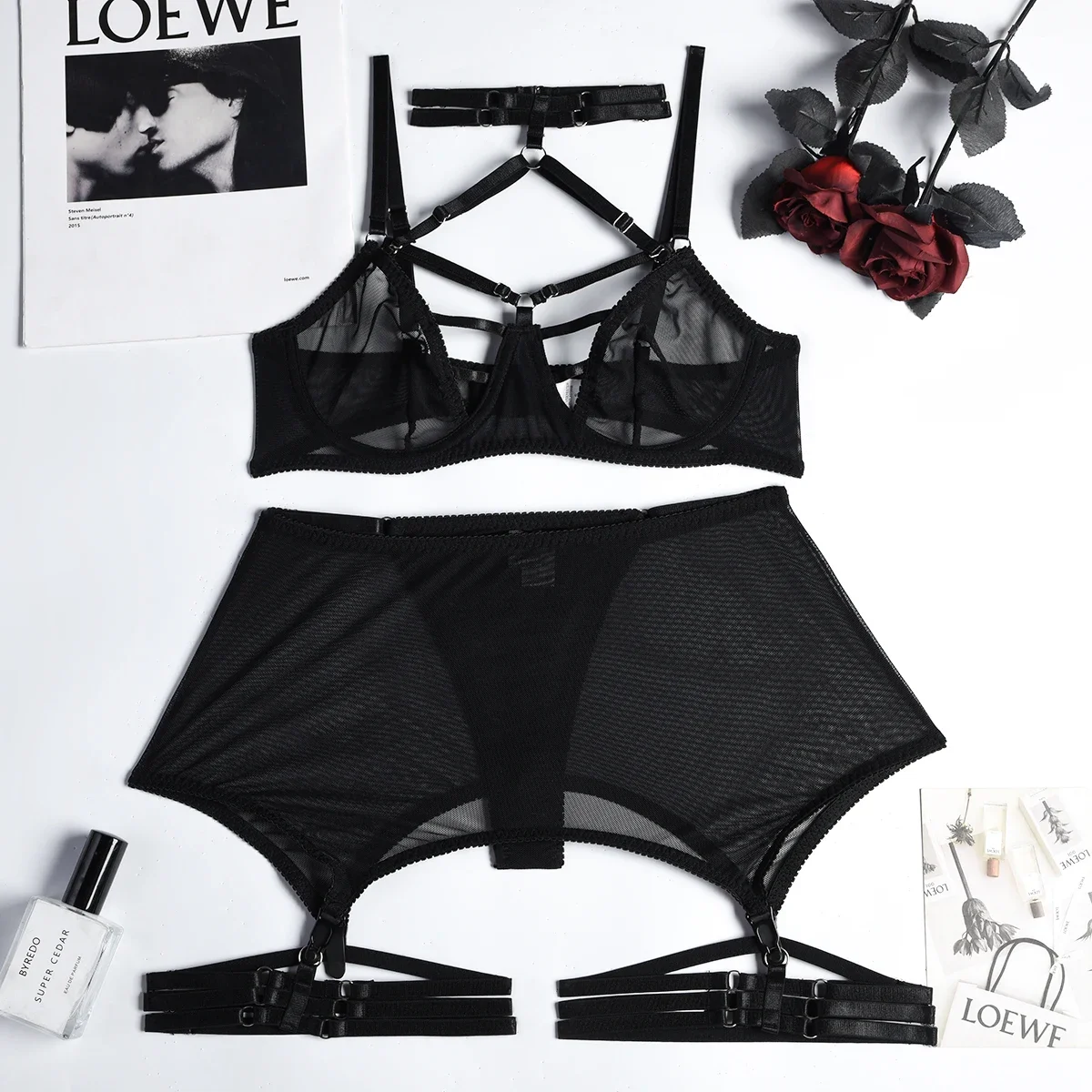 3-Piece Halter Mesh Lingerie Set Women Bandage Erotic Set Transparent Black Sexy Garter Breif Kit Underwear Women Sexy