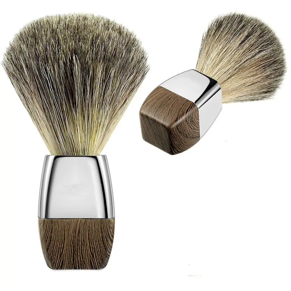 Escova de barbear artesanal de cabelo de texugo com grão de madeira e pincel de creme de barbear de liga de zinco. Melhor presente para ferramenta de barbear masculina