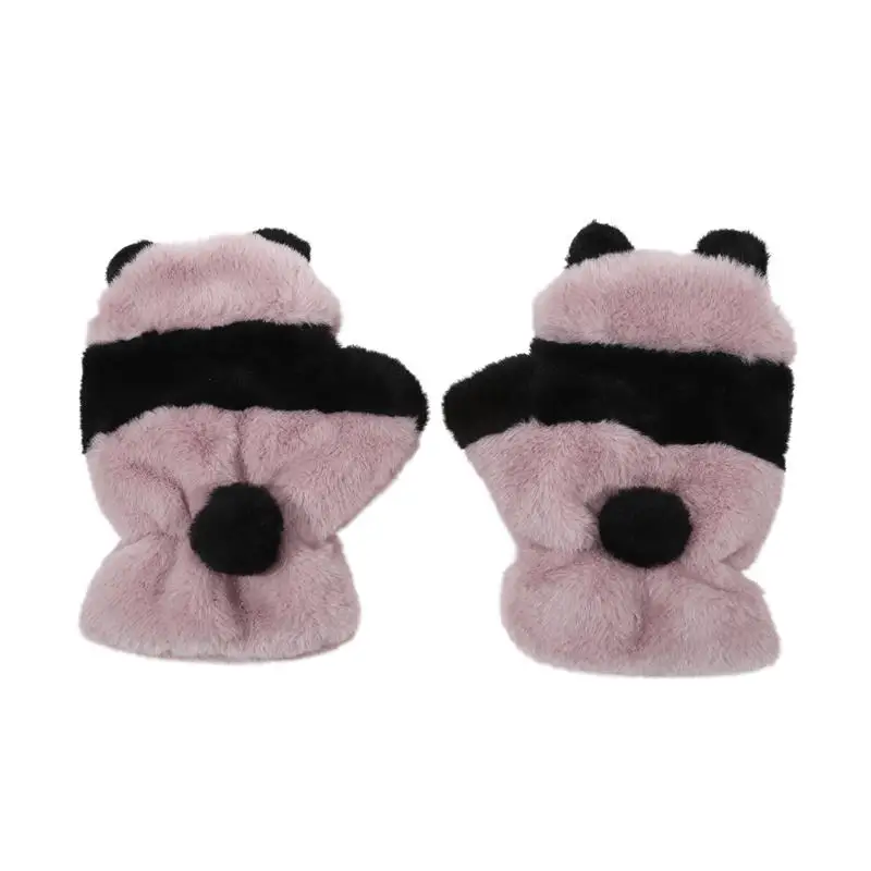 Winter Cartoon Panda Half-Finger Gloves Cute Fleece-lined Thicken Panda Black White Mittens Fashion Warm Windproof for Girl Boy