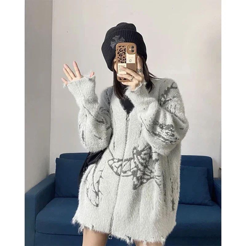 Y2K Knitted Cardigan Women Harajuku Oversized Print Sweater Coat Streetwear V Neck Zipper Knitwear Korean Casual Jumpers Tops