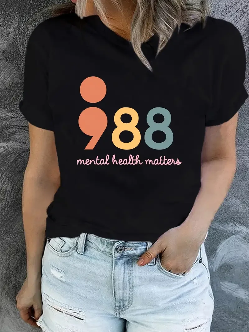 Original design Mental Health 988 Graphic Funny T-Shirt Women Summer Fashion Harajuku Casual Round Neck Short sleeve