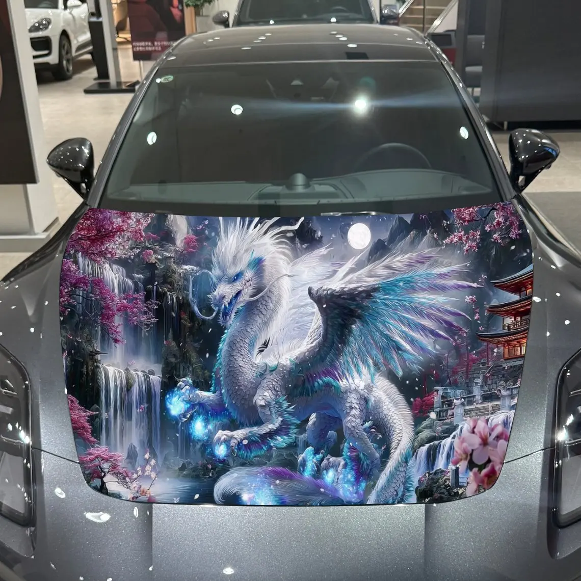 غلاف فينيل لسيارة التنين الإلهي باللون الأزرق من Cherry Blossom Ancient Building، ملصق غطاء السيارة المقاوم للماء من مادة PVC، ذاتية اللصق