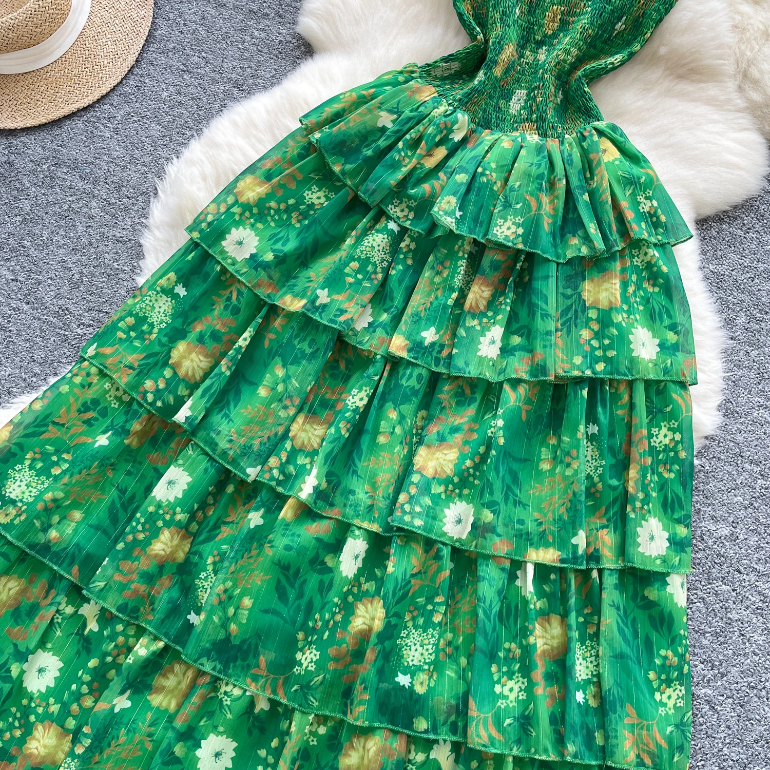 Vintage Boho plage vert robe longue femmes été sans bretelles sans manches dos nu robe à volants Sexy soirée robes d'anniversaire