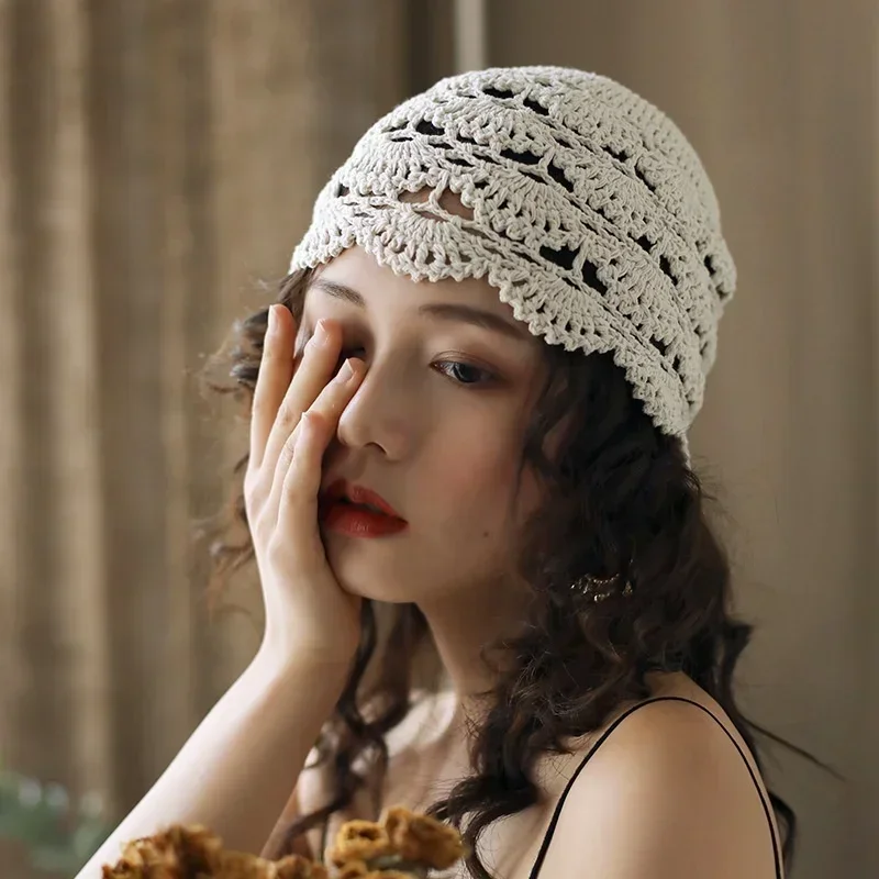 new Hand-Knitted Flower Hollow Thin Cap Spring and Summer Lace Breathable Kerchief Crochet Toe Cotton Thread Hat Female