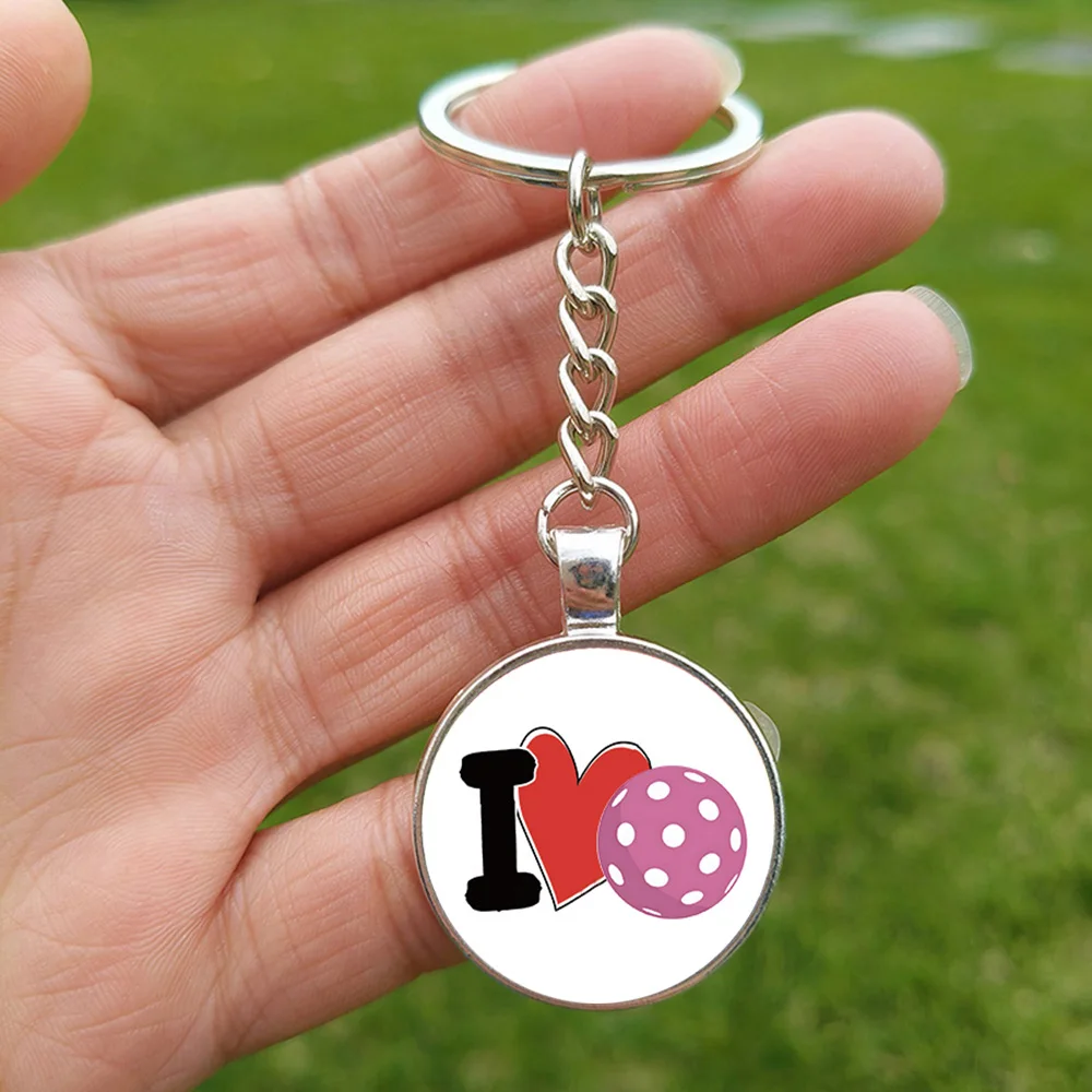 King Queen of the Pickleball Alloy Key Chain for Couple Ball Sports Lovers Glass Gem Pendant Bag Keyring Holder Gift