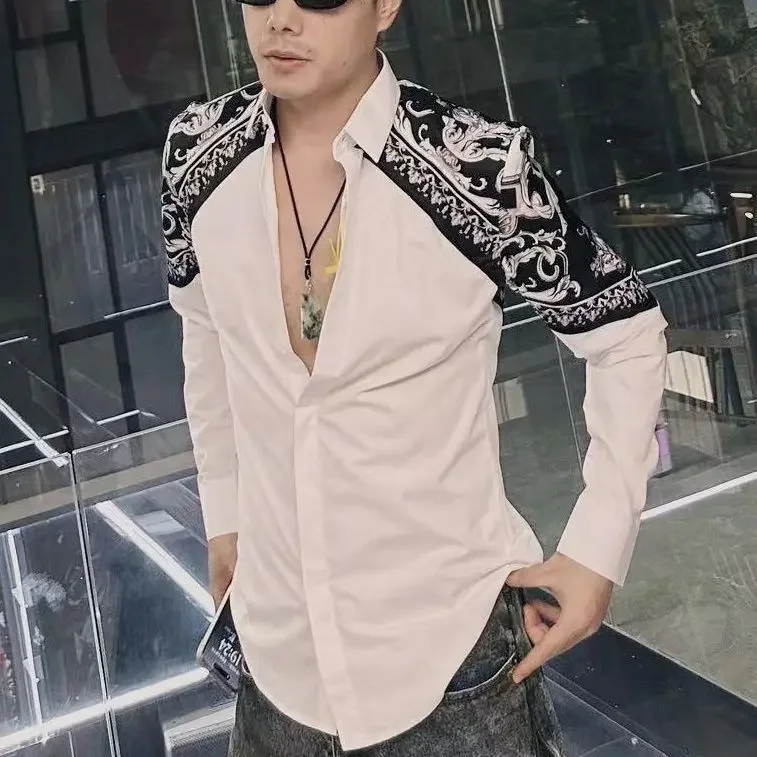 Autumn Winter Style Business Contrast Color Splicing Slim Long-sleeved Shirt Men New Casual Shirt Fashion Tops Vintage Clothes