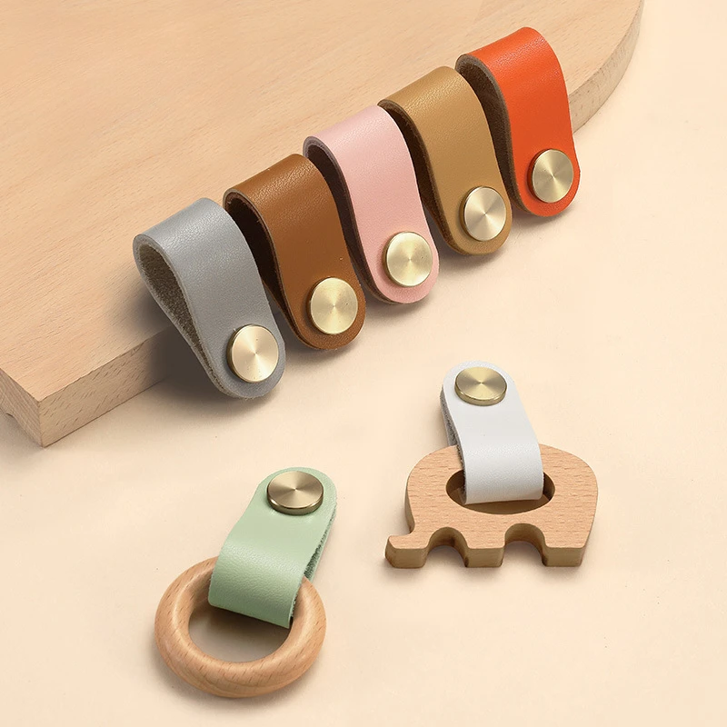 

Cowhide Leather Cabinet Handles Nordic Furniture Handle for Kids Room Elephant Wooden Kitchen Handle Drawer Knobs