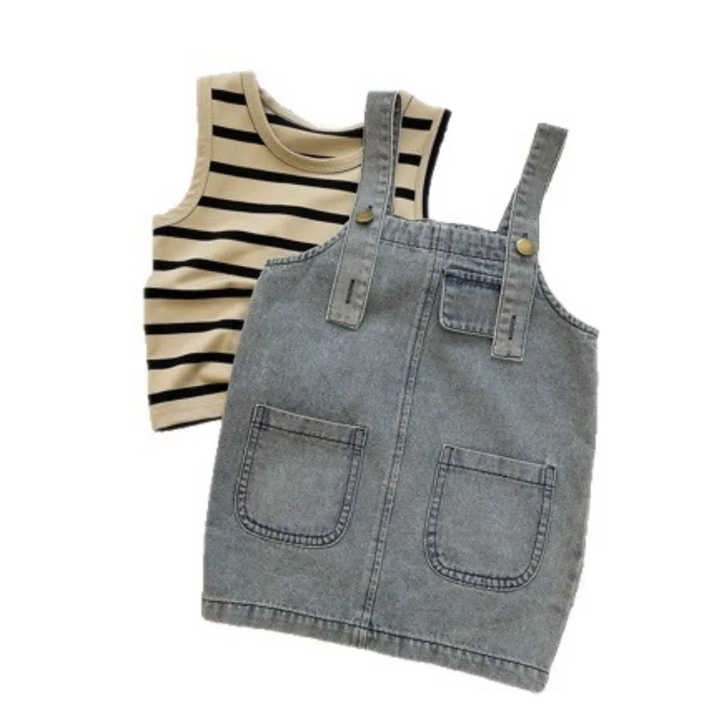 New Arrival Toddler Girl Casual Co-ord Lightweight Stripe Tank Top Denim Suspender Skirt Two Piece Set for 90-150cm