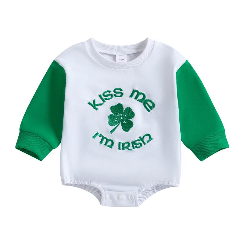 Baby Spring Casual Sweatshirt Jumpsuit Long Sleeve Round Neck Letter Clover Embroidery Romper