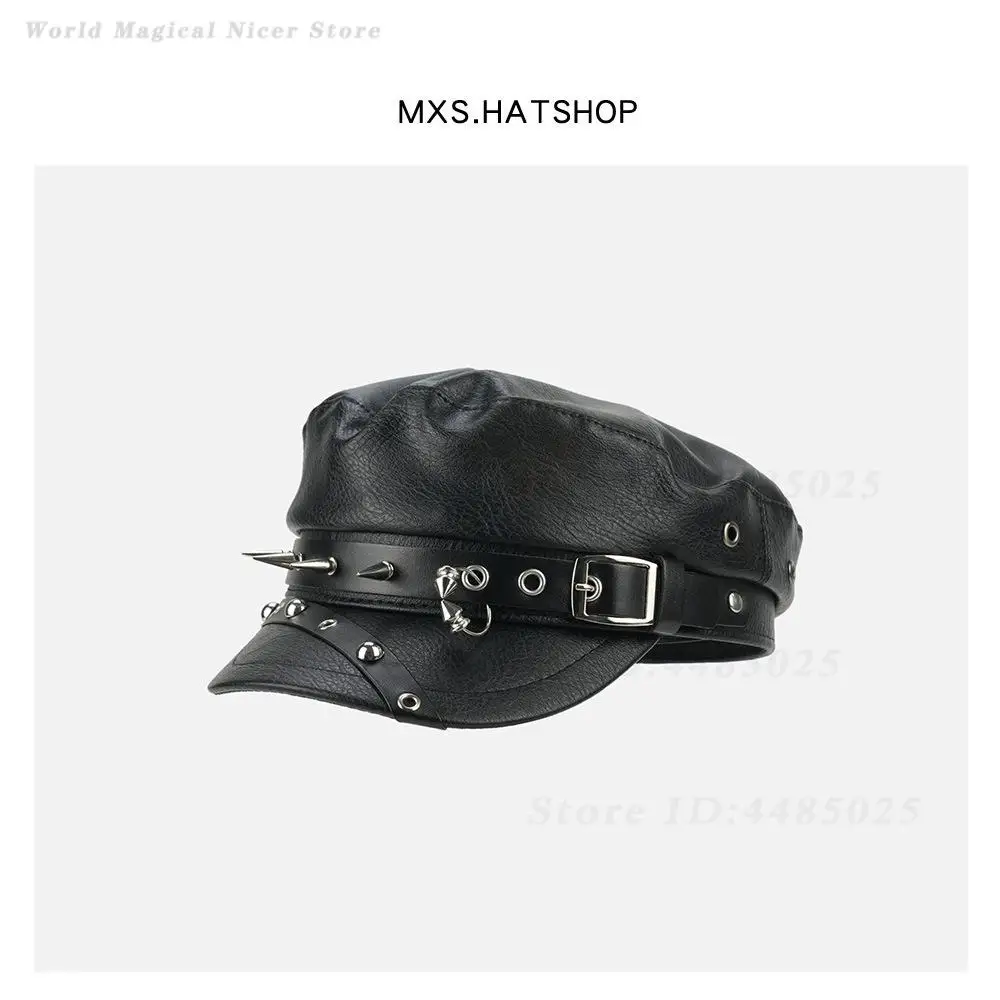 Women Dark Rivet Pu Leather Octagonal Beret with Buckle, Retro Street Style Cool Fashion Headwear for Daily Wear & Theme Party