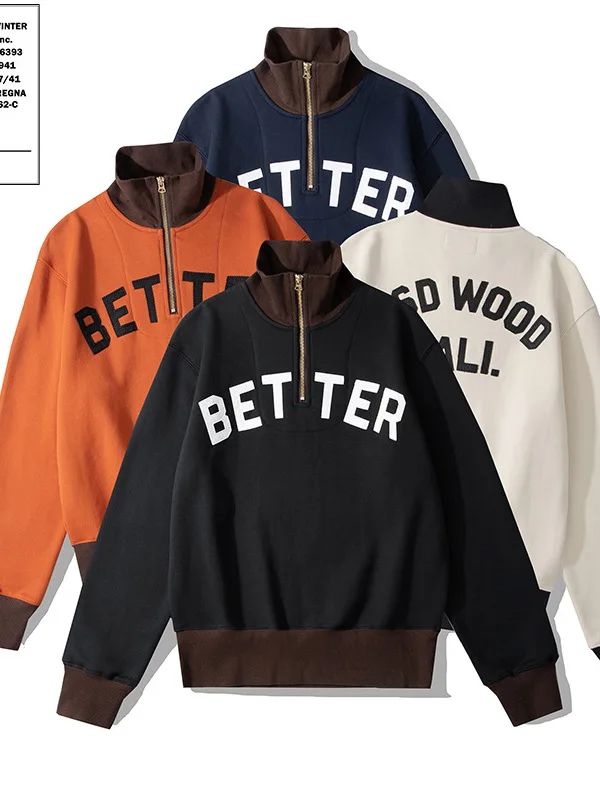 

Retro Contrast Color f Zip High Collar Hoodie Jaet Men's Autumn Winter Thiened Embroidered Letter Sweatirt Trendy