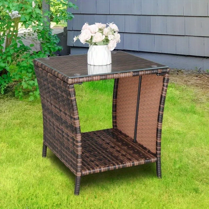 

Brown Gradient Wicker Rattan Side Tea Table with Glass Patio Outdoor Furniture