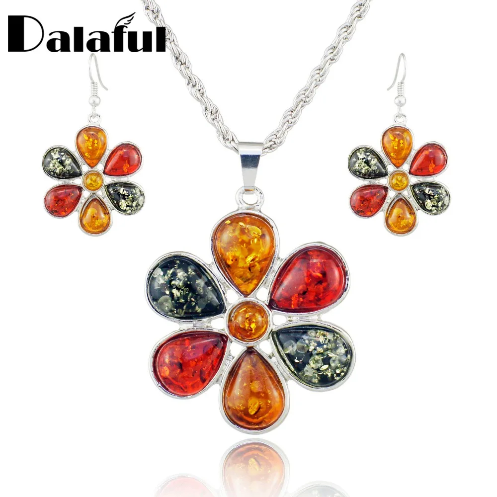 Colorful Baltic Simulated Honey Flower Earrings Necklace Women\'s Wedding Jewelry Set L40901