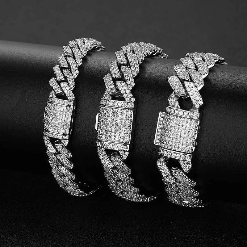 10/12/14/15/20mm Hip Hop 5A+ CZ Stone Bling Iced Out Solid Rhombus Cuban Miami Link Chain Bracelets for Men Rapper Jewelry