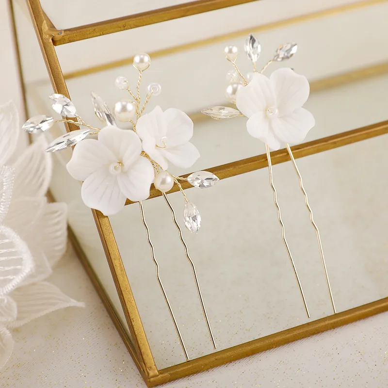 Floralbride Alloy Leaf Ceramic Flower Rhinestones Crystal Pearls Bridal Hair Pins Wedding Hair Sticker Women Hair Accessories