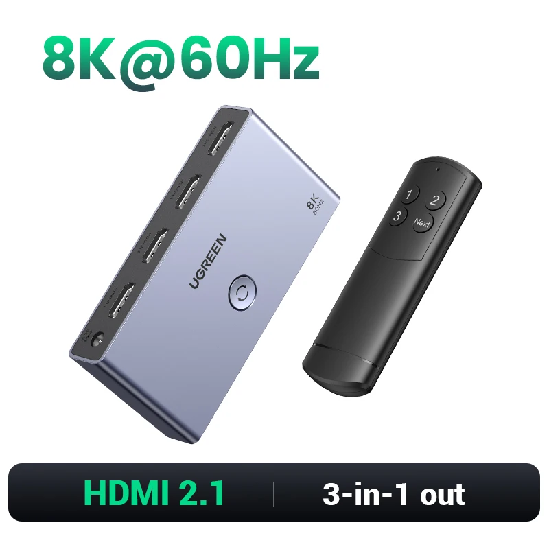 Ugreen Hdmi 2.1 Switcher 8K 60Hz 4k 120Hz Hdmi-Compatibele Schakelaar 3 In 1 Uit Met Afstandsbediening Converter Voor Xbox Ps5 Monitoren