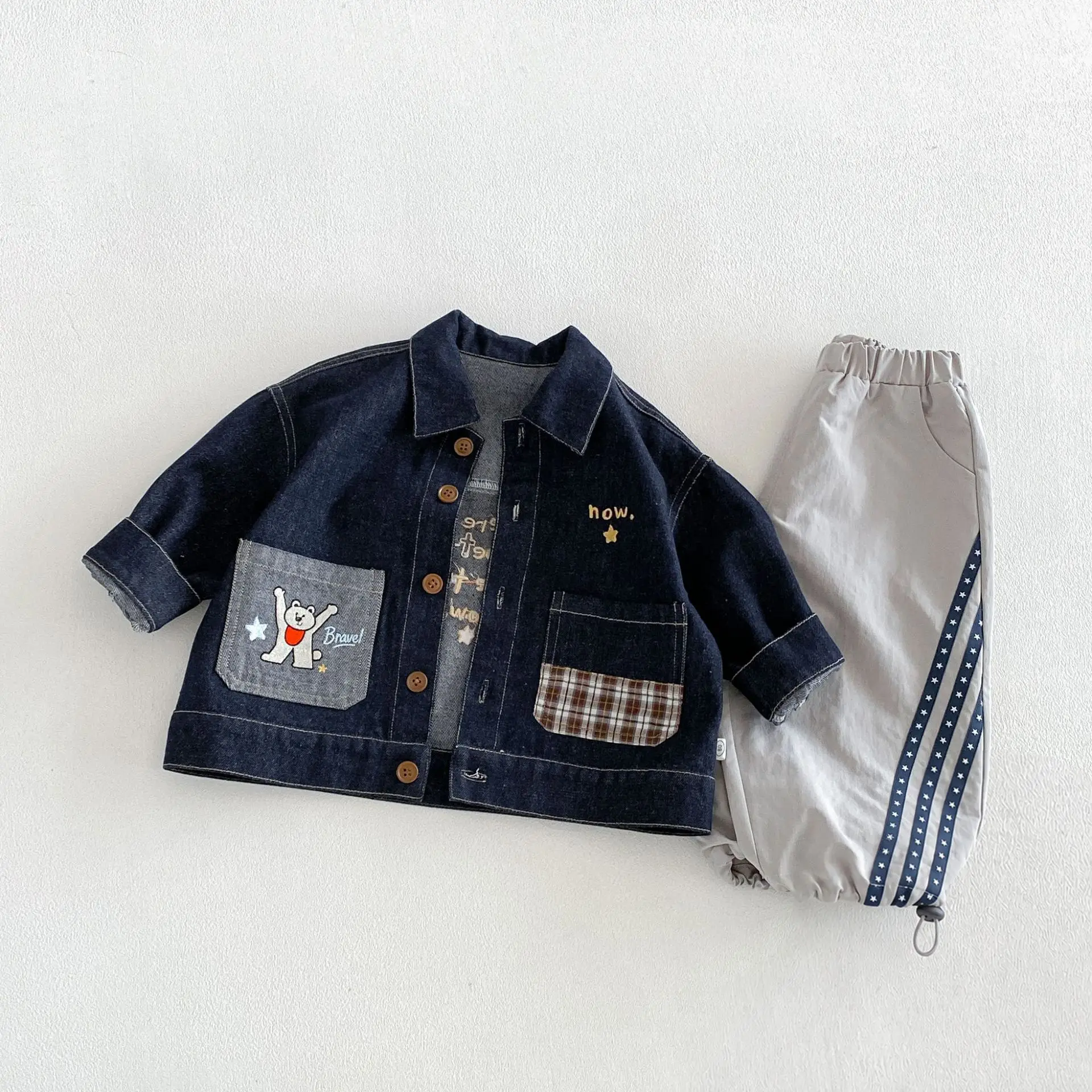Boys' Anti Fading Denim Jacket 2026 New Autumn Baby Korean Version Embroidered Checkered Denim Clothing for Children's Autumn
