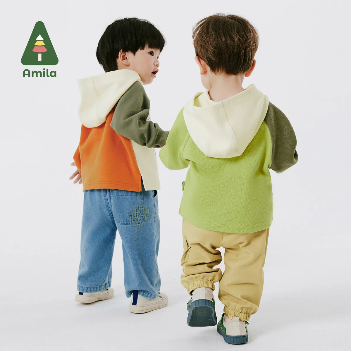 Amila Baby Pullover 2024 Spring New Contrast Splicing Elastic Breathable Lovely Cartoon Boys Hooded Sweatshirt