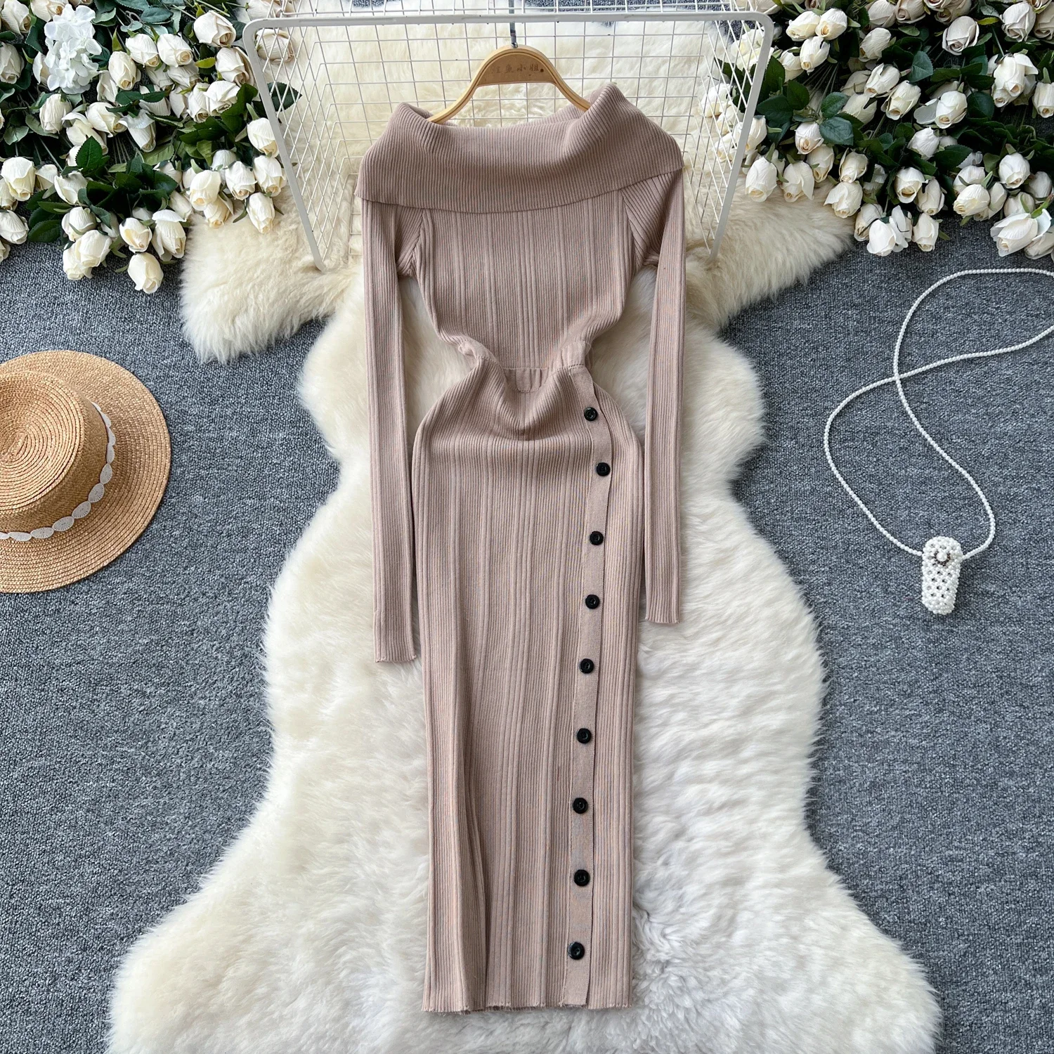 Elegant Turn-down Collar Vintage Long Sleeve Patchwork Buttons Slim Knit Dress Korean Evening High Street Autumn Winter Clothing