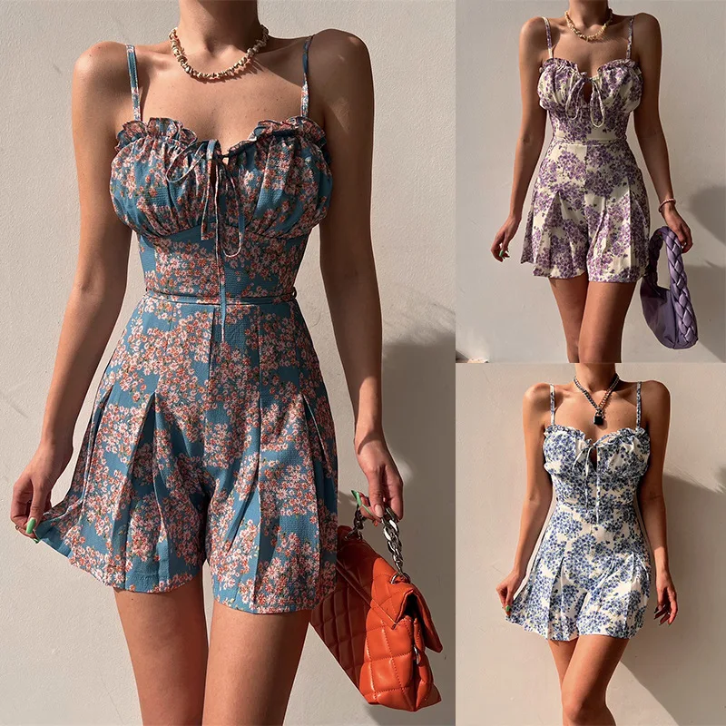 

Summer Sexy V-neck Strap Women's Jumpsuit Fashion Floral Print Sleeveless Lace-up Playsuit Elegant Beach Jumpsuits 2024