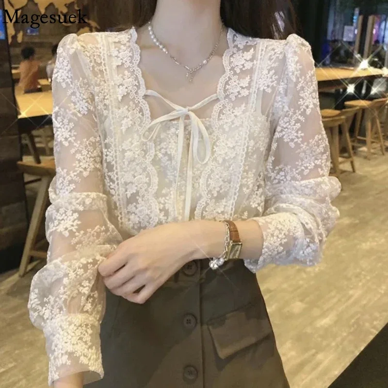 Camisas nuevas para mujer Chic Vintage encaje dulce Puff manga larga Crochet con cordones cuello cuadrado Tops sueltos Blusas 17442