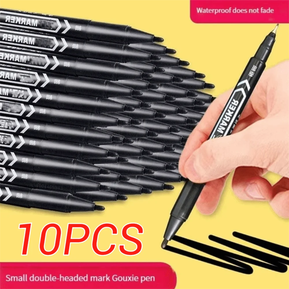 

10Pcs New Oily Waterproof Permanent Marker Black Ink Graffiti Twin Tip Marker Fine Thick Point Oil Marker Pen Office Supplies