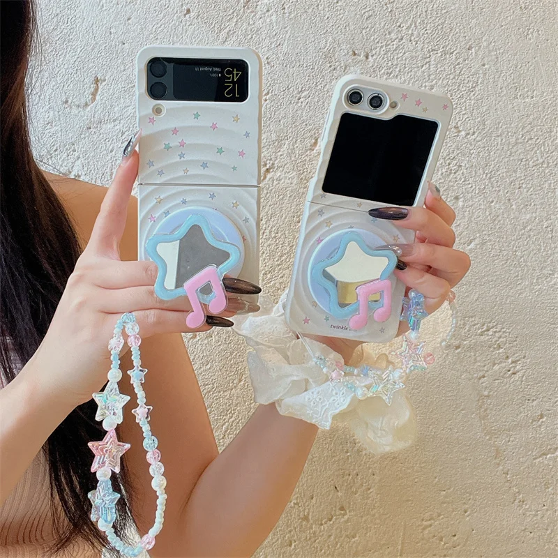 Korean Cute Little Star Magnetic Phone Case For Samsung Galaxy Z Flip 8 7 6 5 4 Cover with Magsafe Stand Girp Chain Kawaii Cases