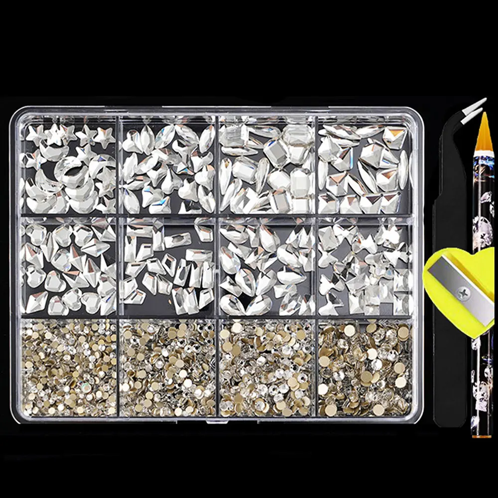 12グリッドクリアマルチシェイプネイルダイヤモンドジュエリーセット1500個+フラットバックガラスラウンドネイルラインストーンラグジュアリークリスタルネイルアートデコレーション