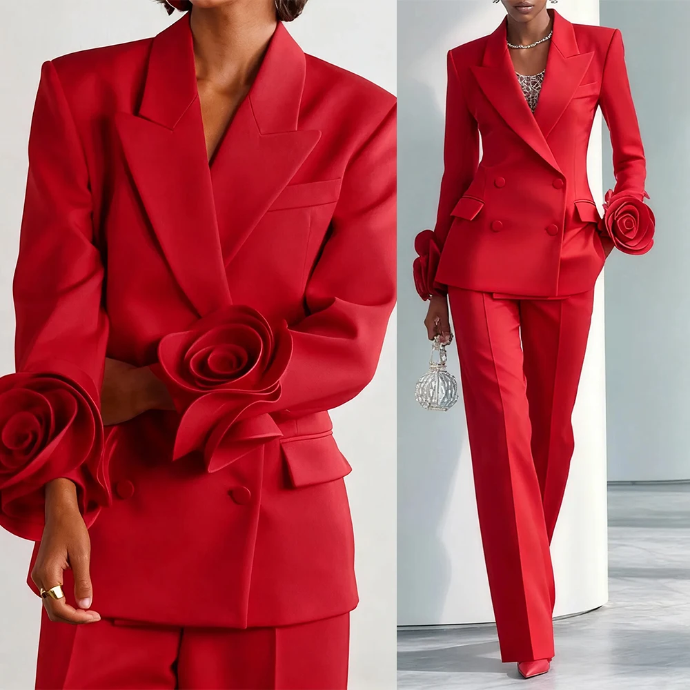 2 Pieces Red Flowers Women Pants Suits Long Sleeve Customized Formal Lady Wear Guest Party Blazer Sets
