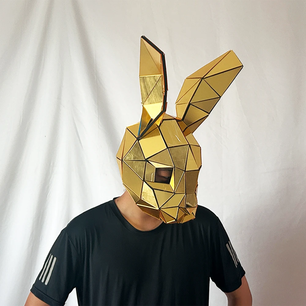 Casco con espejo de conejito dorado, tocado de animales, puesta en escena, fiesta de Halloween, disfraz de Cosplay, máscara de espejo plateado