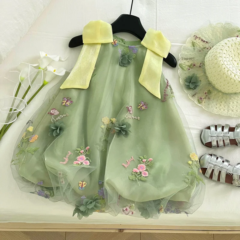 

2025Girls Summer New Style Three-dimensional Embroidered Flower Bud Vest Princess Dress