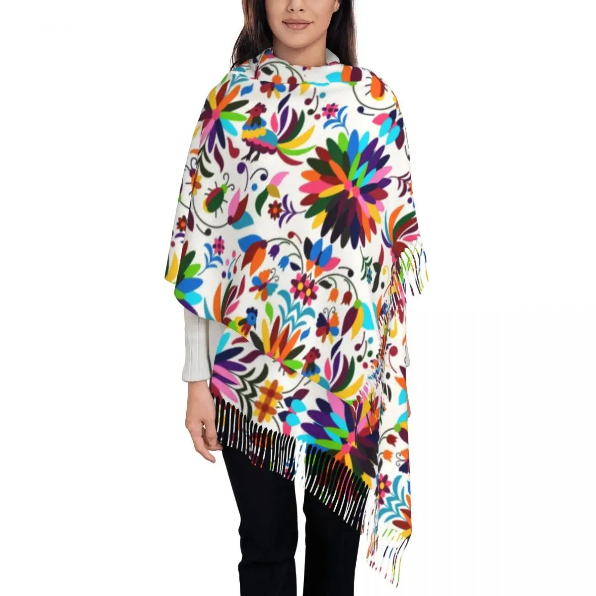 Custom Print Mexican Otomi Viva Scarf Women Men Winter Fall Warm Scarves Mexico Flowers Texture Shawl Wrap