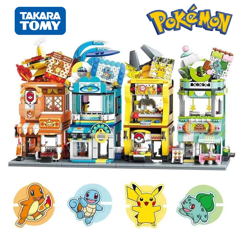 New Classic Anime Pokemon Center House Pikachu Greninja Mewtwo Charizard Venusaur Building Blocks Bricks Sets Model DIY Toy Gift