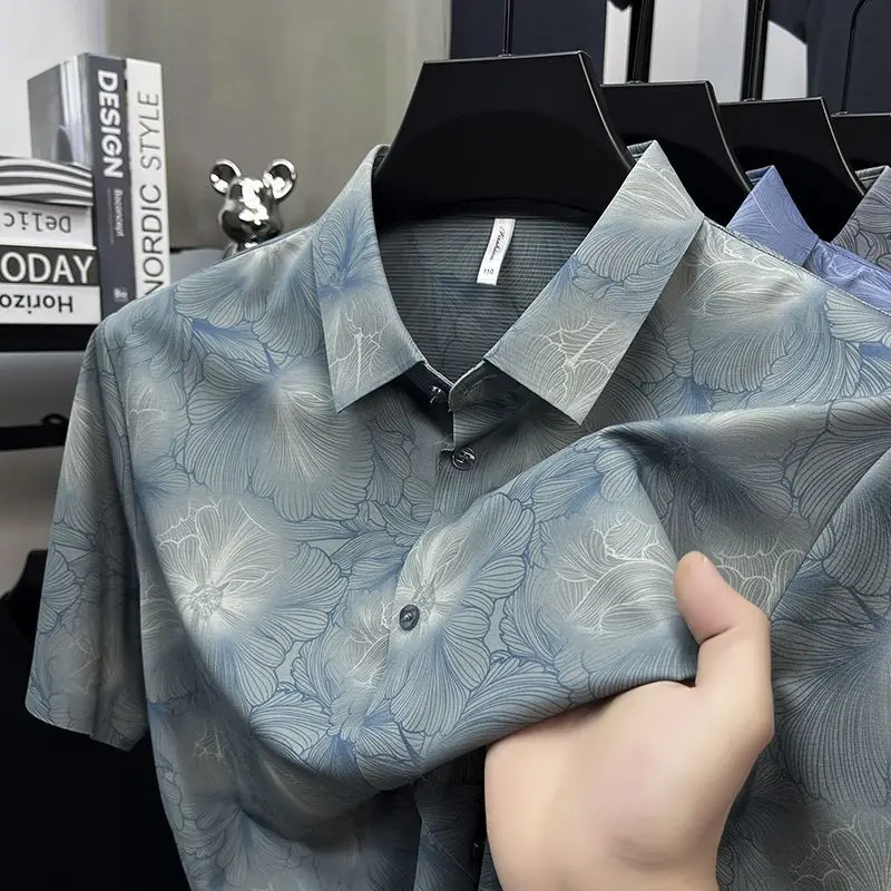 

Men's Summer Floral Print Ice Silk Short Sleeve Shirt Casual Breathable Turn Down Collar Blouse For Dad