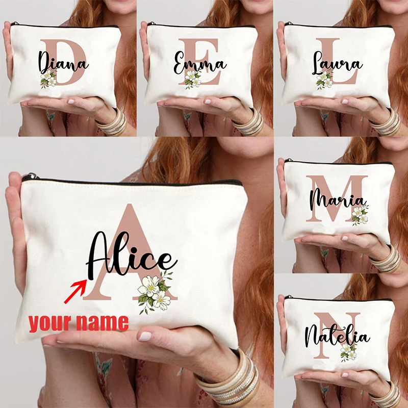 Floral Letters Custom Name Makeup Bag Best Gift for Bridesmaid Teachers Friends Cosmetic Case Personalise Gift for Birthday