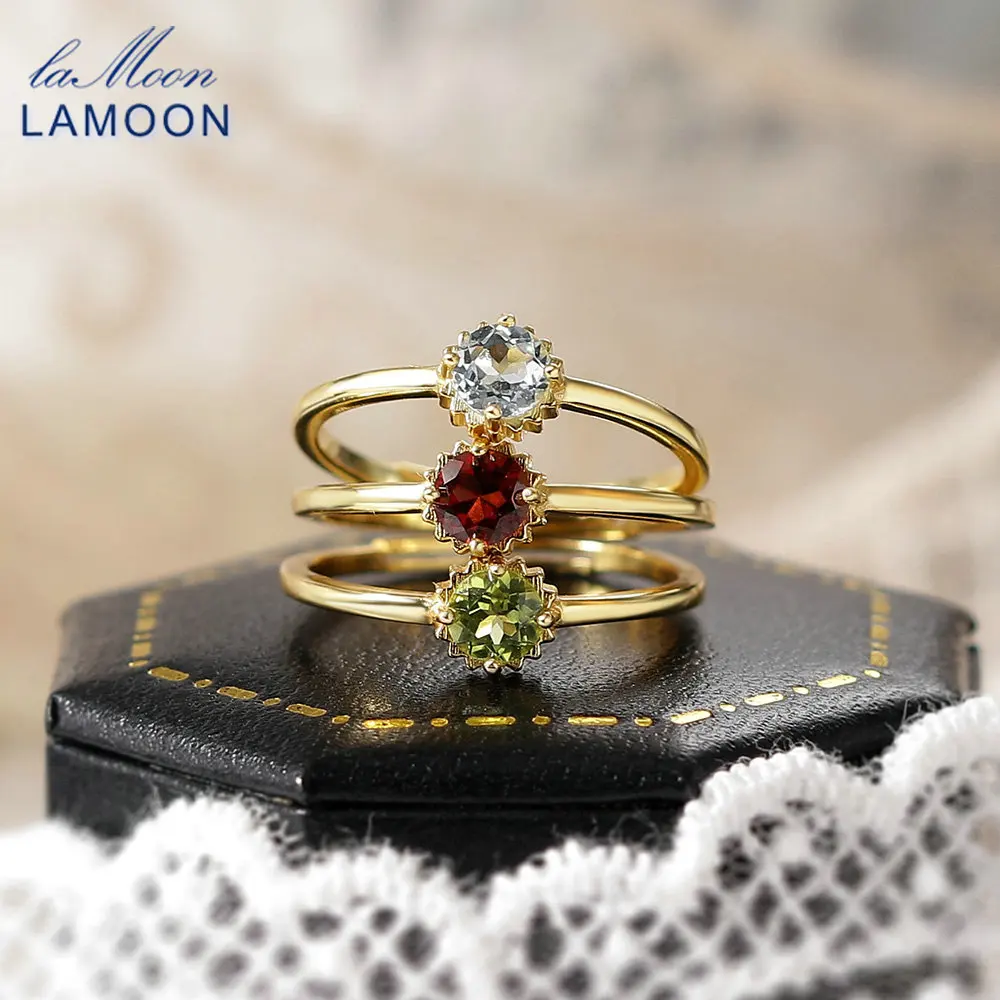 LAMOON Natural Topaz Rings For Women Garnet Peridot Gesmstone Ring 925 Sterling Silver Gold Plated Adjustable Korean Ring RI118