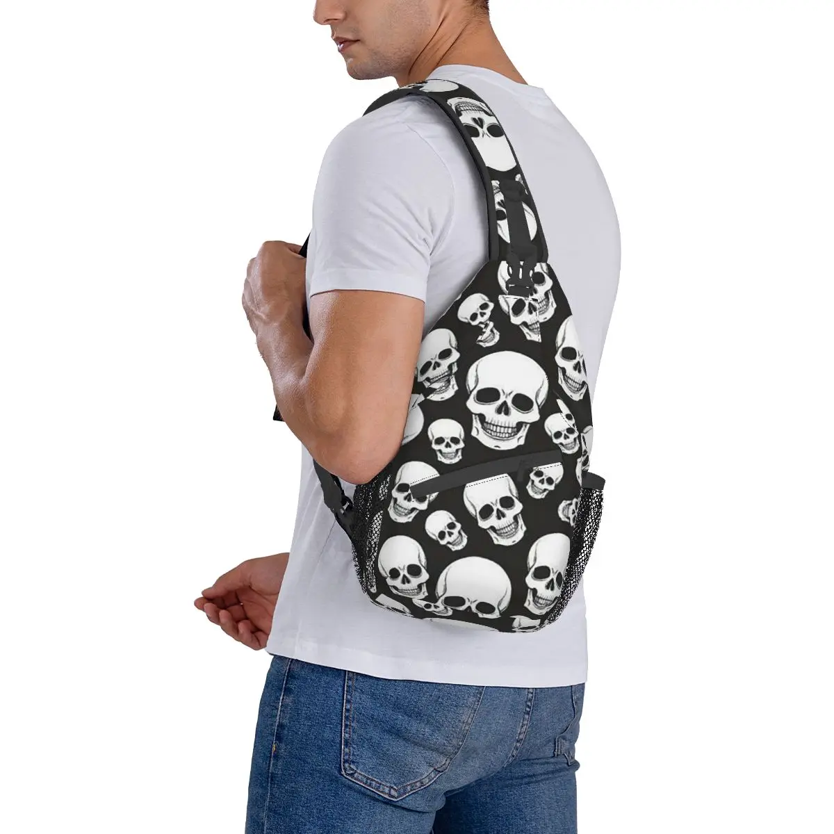 Gothic Death Skull Crossbody Sling Bags Small Chest Bag Shoulder Backpack Daypack for Hiking Outdoor Cycling Satchel