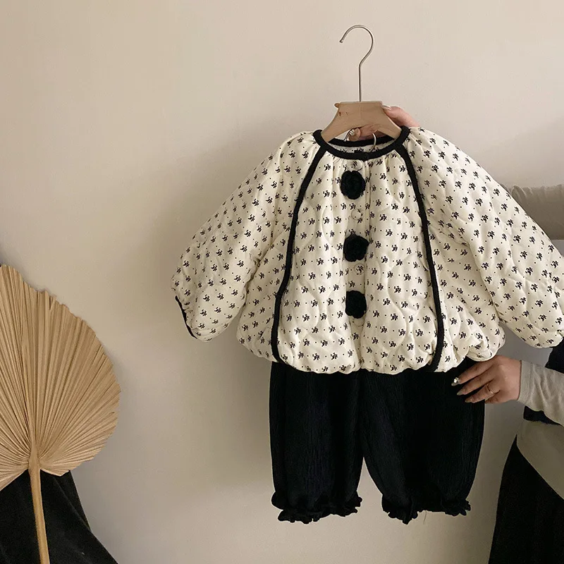 

Korean Winter Children Girls Parka Clothes Rose Button Flower Print Kids Baby Girl Outerwears Fleece Thick Toddler Girl Trousers