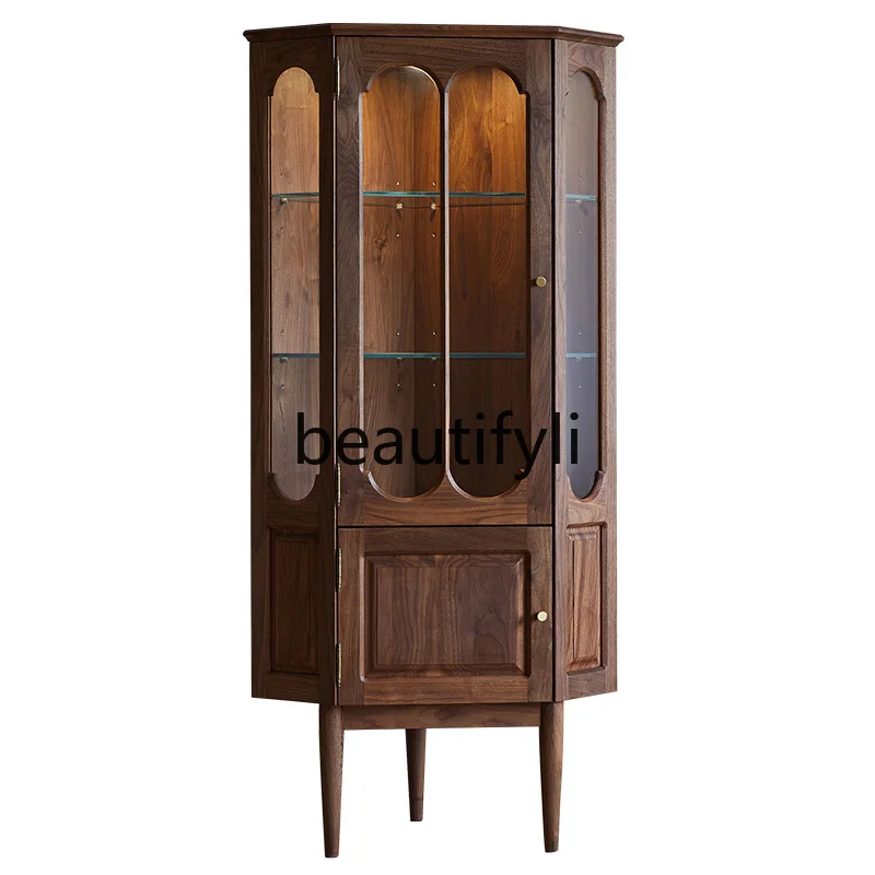 

Nordic black walnut retro triangular cabinet corner glass locker wine cabinet